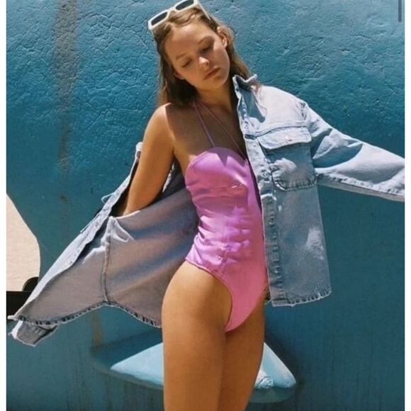 Zara Satin Corset Bodysuit Size Medium Pink Purple Silky Strappy Balletcore - Picture 3 of 11